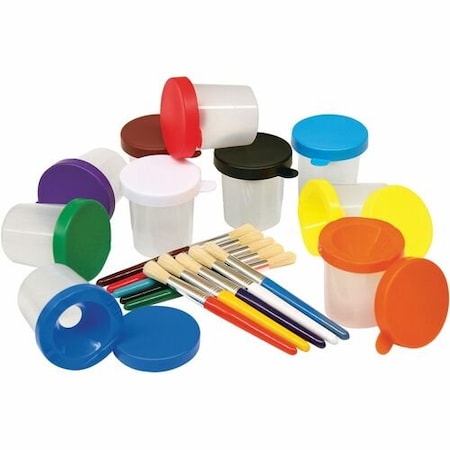 Pacon Paint Cups, Round No-Spill, Stubby Brush, Assorted PAC5104